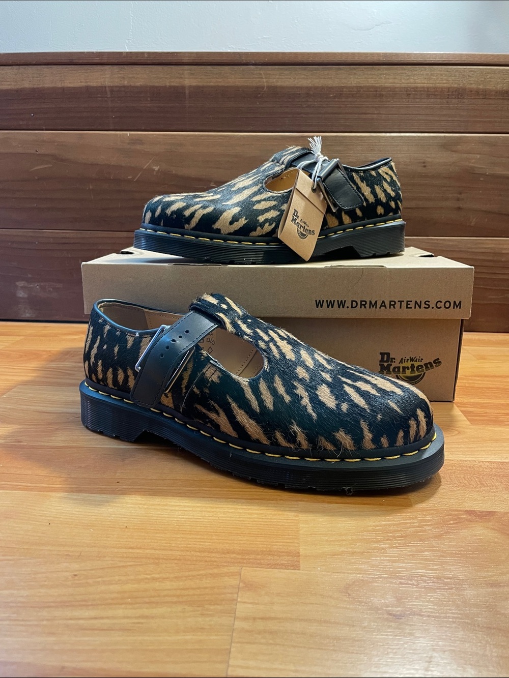 Dr. Martens Genuine Calf Hair T-Bar Shoes Camel